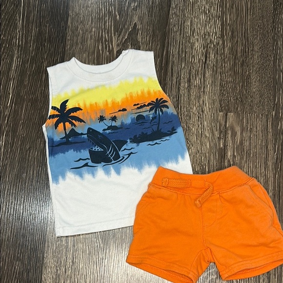 12 month Kids Tropical Shark Print Tank Top - White and Blue and Orange shorts - Picture 1 of 10